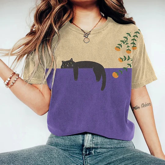 T-shirt met kattenprint | Ronde hals | Relaxed fit | Gewassen T-shirt | Dames-T-shirt-Boutique Moda