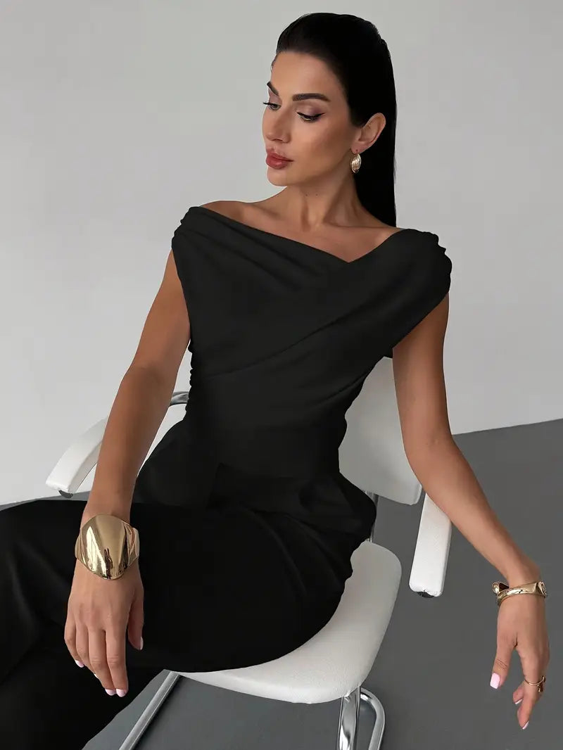 Top | Gedrapeerde schouder | Elegant asymmetrisch-Boutique Moda