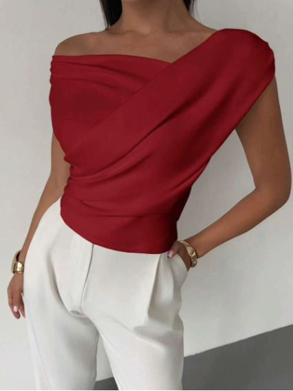 Top | Gedrapeerde schouder | Elegant asymmetrisch-Boutique Moda