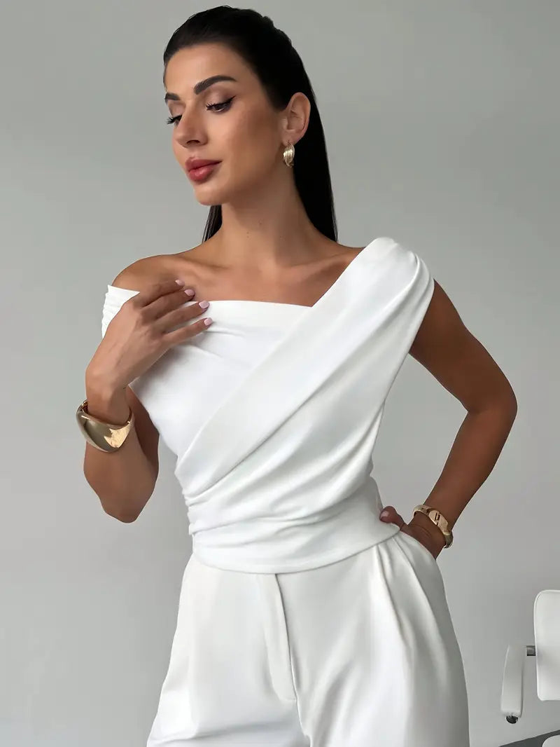 Top | Gedrapeerde schouder | Elegant asymmetrisch-Boutique Moda