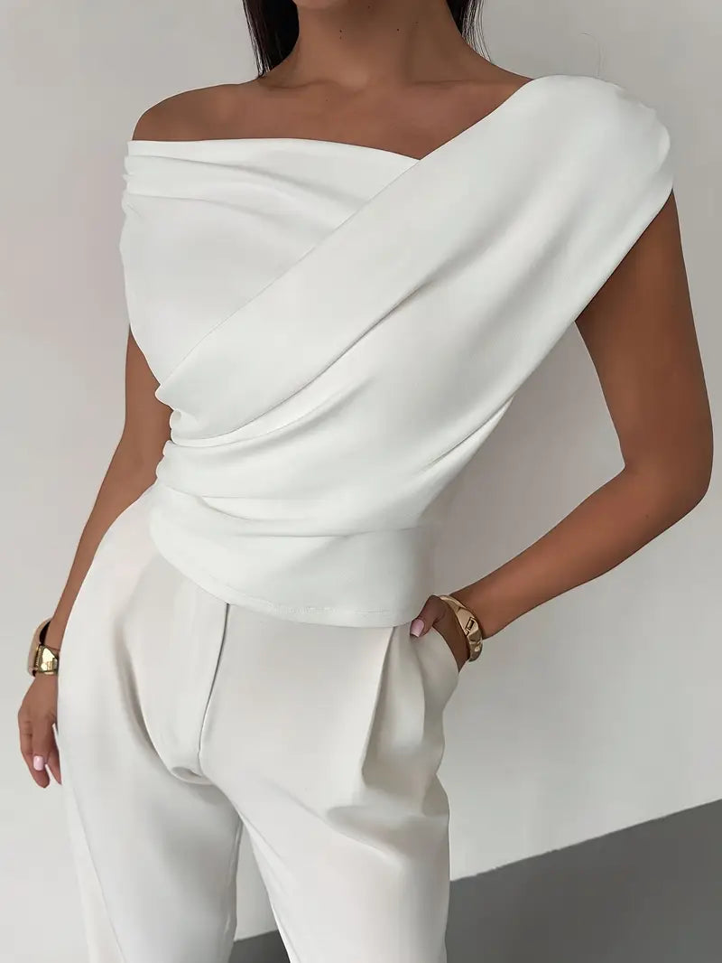 Top | Gedrapeerde schouder | Elegant asymmetrisch-Boutique Moda