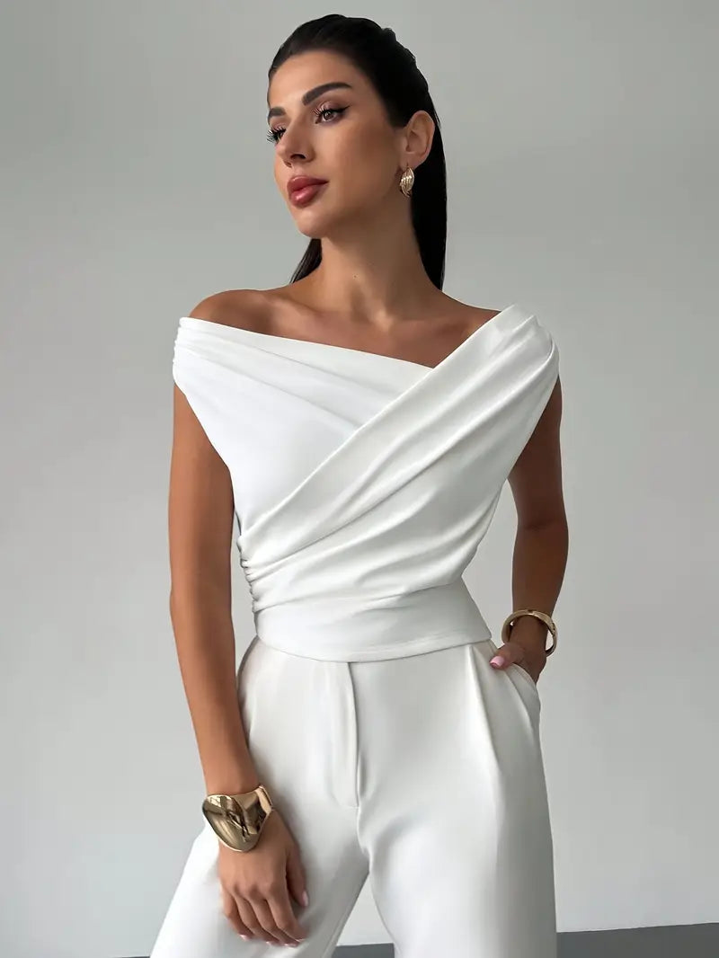 Top | Gedrapeerde schouder | Elegant asymmetrisch-Boutique Moda