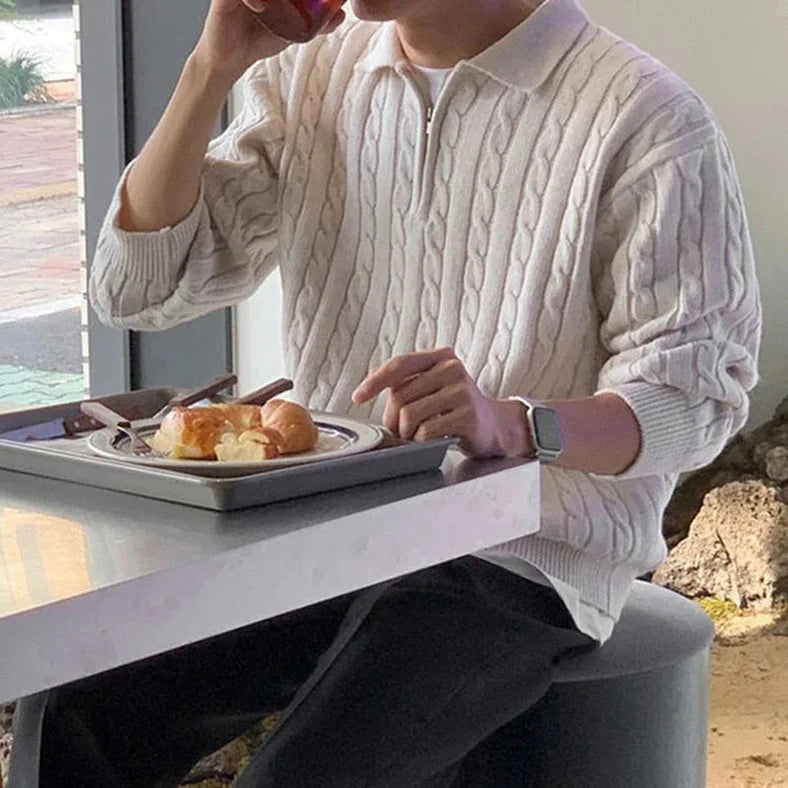 Trui met kwartritssluiting | Losse pasvorm | Pullover | Gebreide trui met kabelpatroon | Heren trui met halve ritssluiting-Boutique Moda