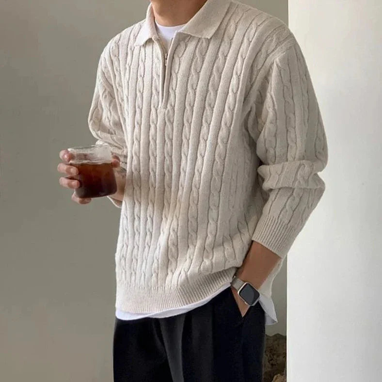 Trui met kwartritssluiting | Losse pasvorm | Pullover | Gebreide trui met kabelpatroon | Heren trui met halve ritssluiting-Boutique Moda