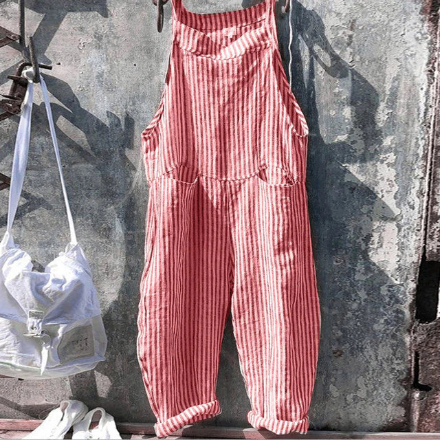 Tuinbroek Dames | Linnenlook Salopette | Mouwloze Jumpsuit met Strikbandjes-Boutique Moda