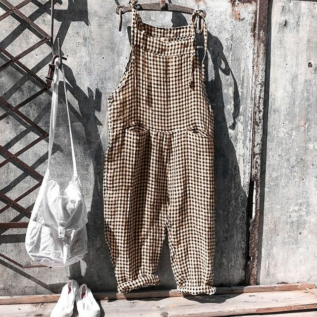 Tuinbroek Dames | Linnenlook Salopette | Mouwloze Jumpsuit met Strikbandjes-Boutique Moda