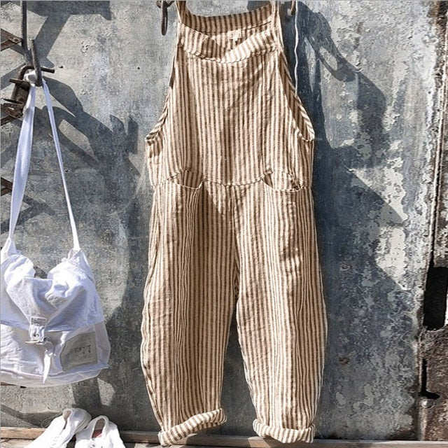 Tuinbroek Dames | Linnenlook Salopette | Mouwloze Jumpsuit met Strikbandjes-Boutique Moda