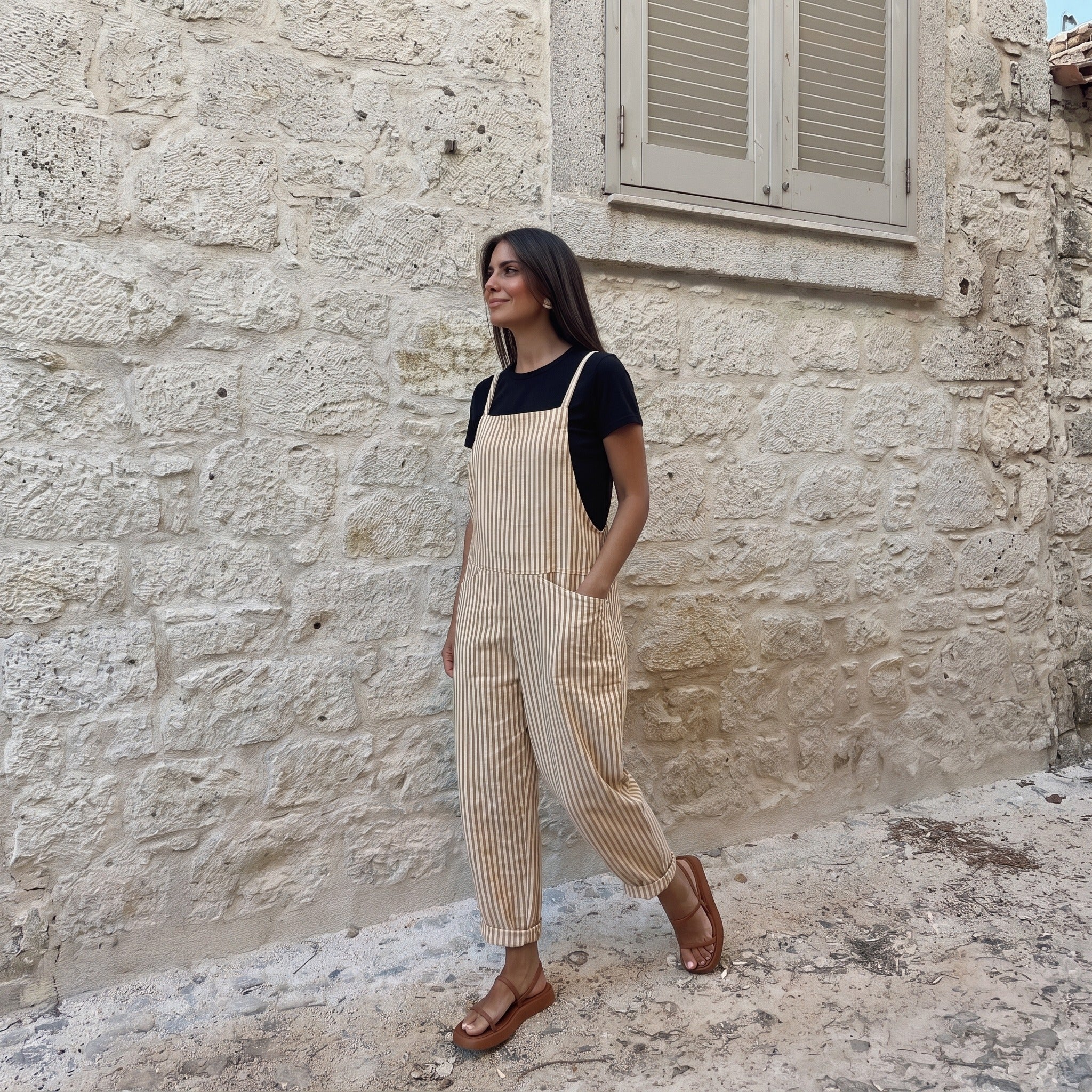 Tuinbroek Dames | Linnenlook Salopette | Mouwloze Jumpsuit met Strikbandjes-Boutique Moda