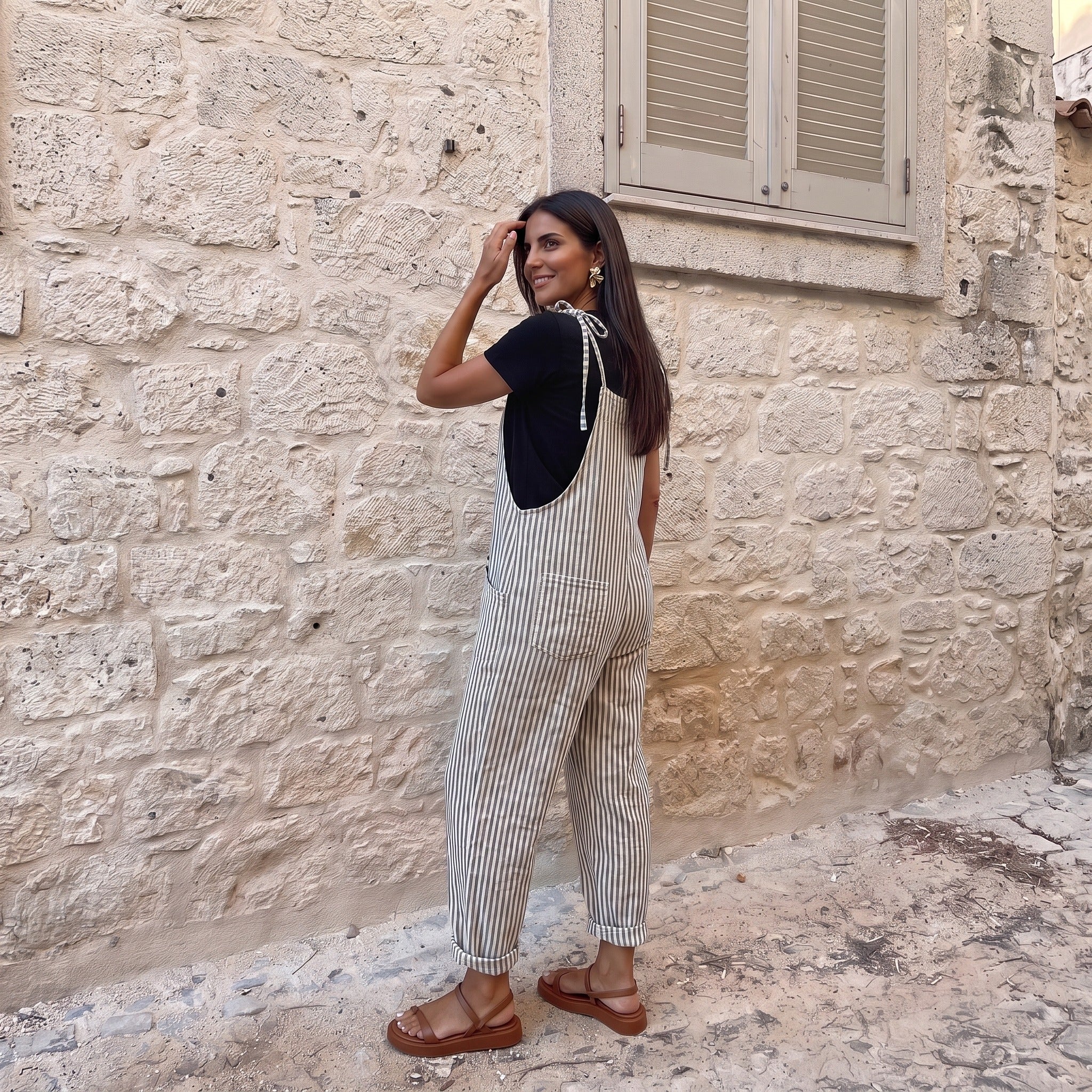 Tuinbroek Dames | Linnenlook Salopette | Mouwloze Jumpsuit met Strikbandjes-Boutique Moda