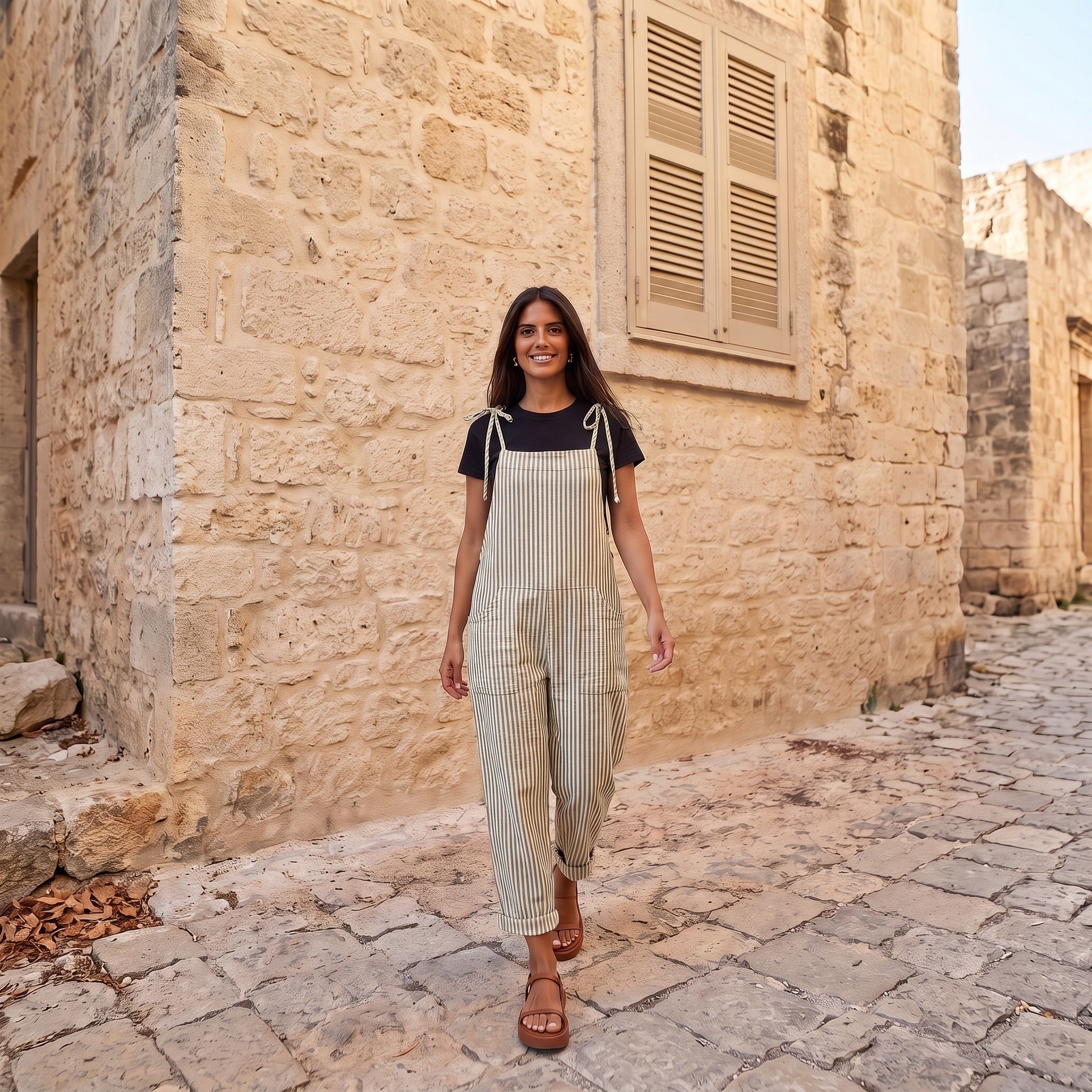 Tuinbroek Dames | Linnenlook Salopette | Mouwloze Jumpsuit met Strikbandjes-Boutique Moda