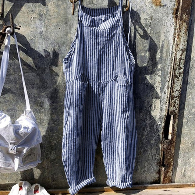 Tuinbroek Dames | Linnenlook Salopette | Mouwloze Jumpsuit met Strikbandjes-Boutique Moda