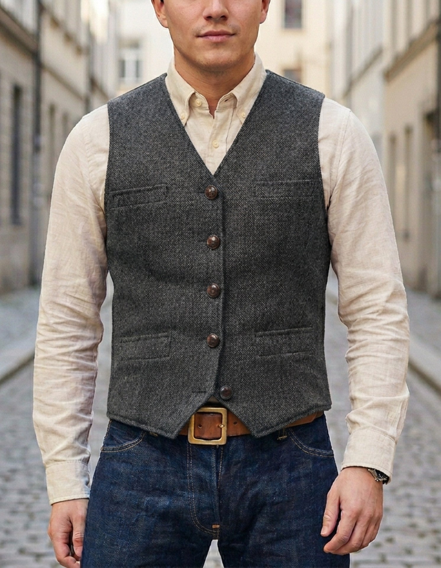 Tweed vest - Mouwloos vest met enkele knoopsluiting voor heren-Boutique Moda