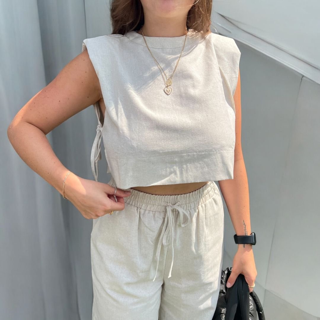 Tweedelige Set Dames | Linnen Crop Top | Wijde Broek-Boutique Moda