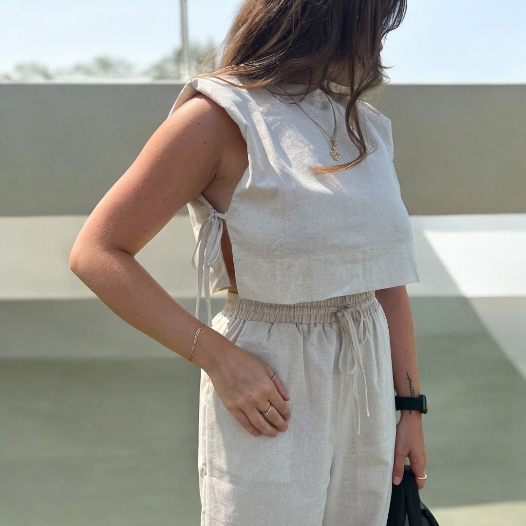 Tweedelige Set Dames | Linnen Crop Top | Wijde Broek-Boutique Moda
