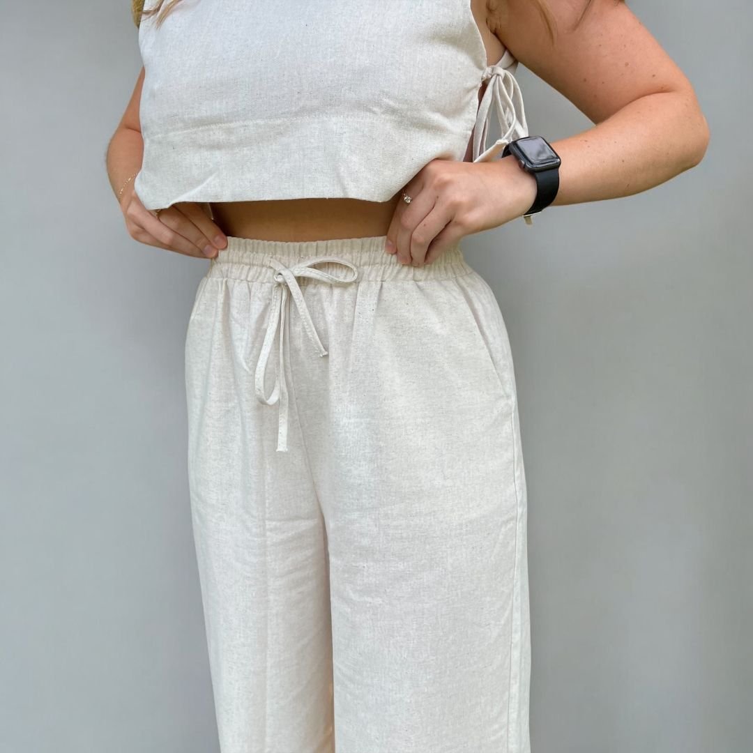 Tweedelige Set Dames | Linnen Crop Top | Wijde Broek-Boutique Moda