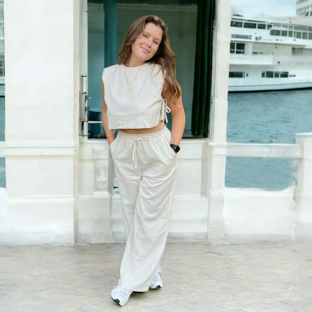 Tweedelige Set Dames | Linnen Crop Top | Wijde Broek-Boutique Moda