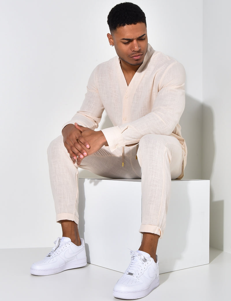 Tweedelige Set - Linnen overhemd met knopen en broek voor mannen-Boutique Moda