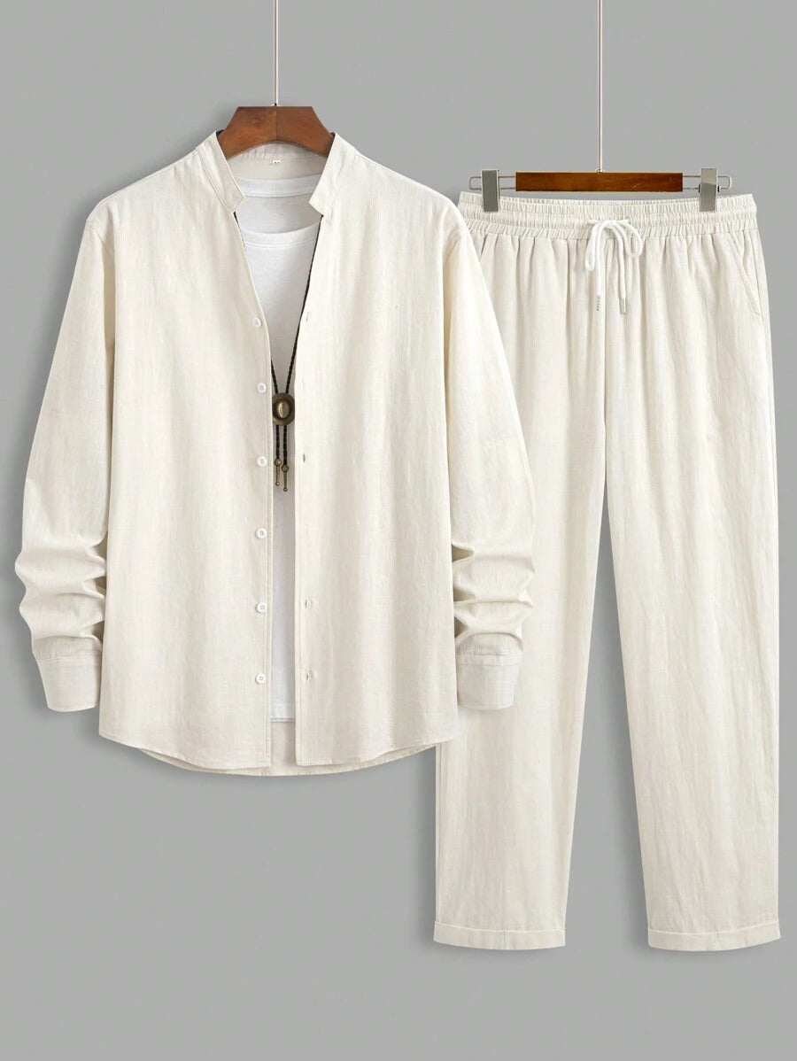 Tweedelige Set - Linnen overhemd met knopen en broek voor mannen-Boutique Moda