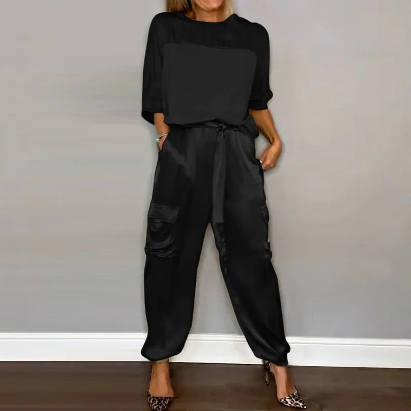 Tweedelige set | Satijn | Los model | Cargo Broek | Dameskleding-Boutique Moda