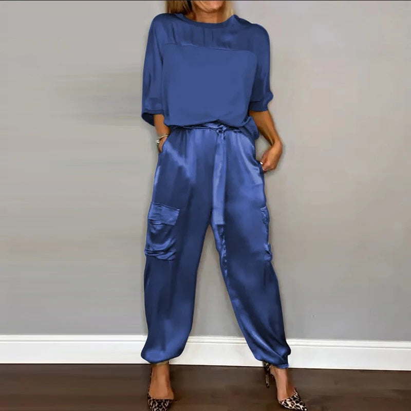 Tweedelige set | Satijn | Los model | Cargo Broek | Dameskleding-Boutique Moda