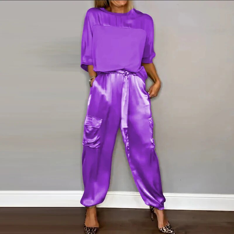 Tweedelige set | Satijn | Los model | Cargo Broek | Dameskleding-Boutique Moda