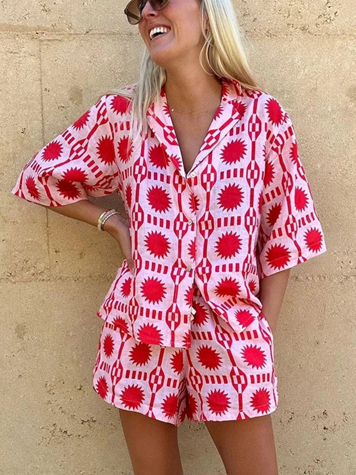 Tweedelige set | Zomer | Los model | Korte broek en overhemd | Samengestelde set voor vrouwen-Boutique Moda