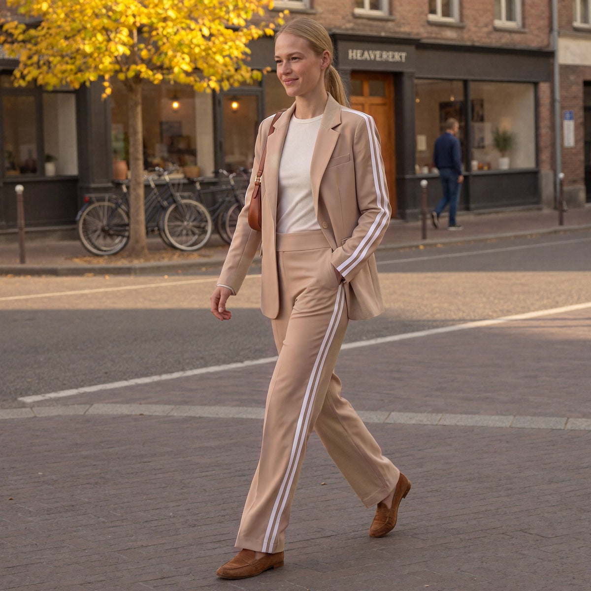 Vrouw draagt beige tweedelige set met blazer en wijde broek met witte strepen, wandelend in een winkelstraat | Boutique Moda