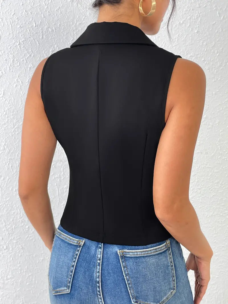 Vest Top - Enkelborstig - Mouwloos - Zwart Vest - Damesvest-Boutique Moda