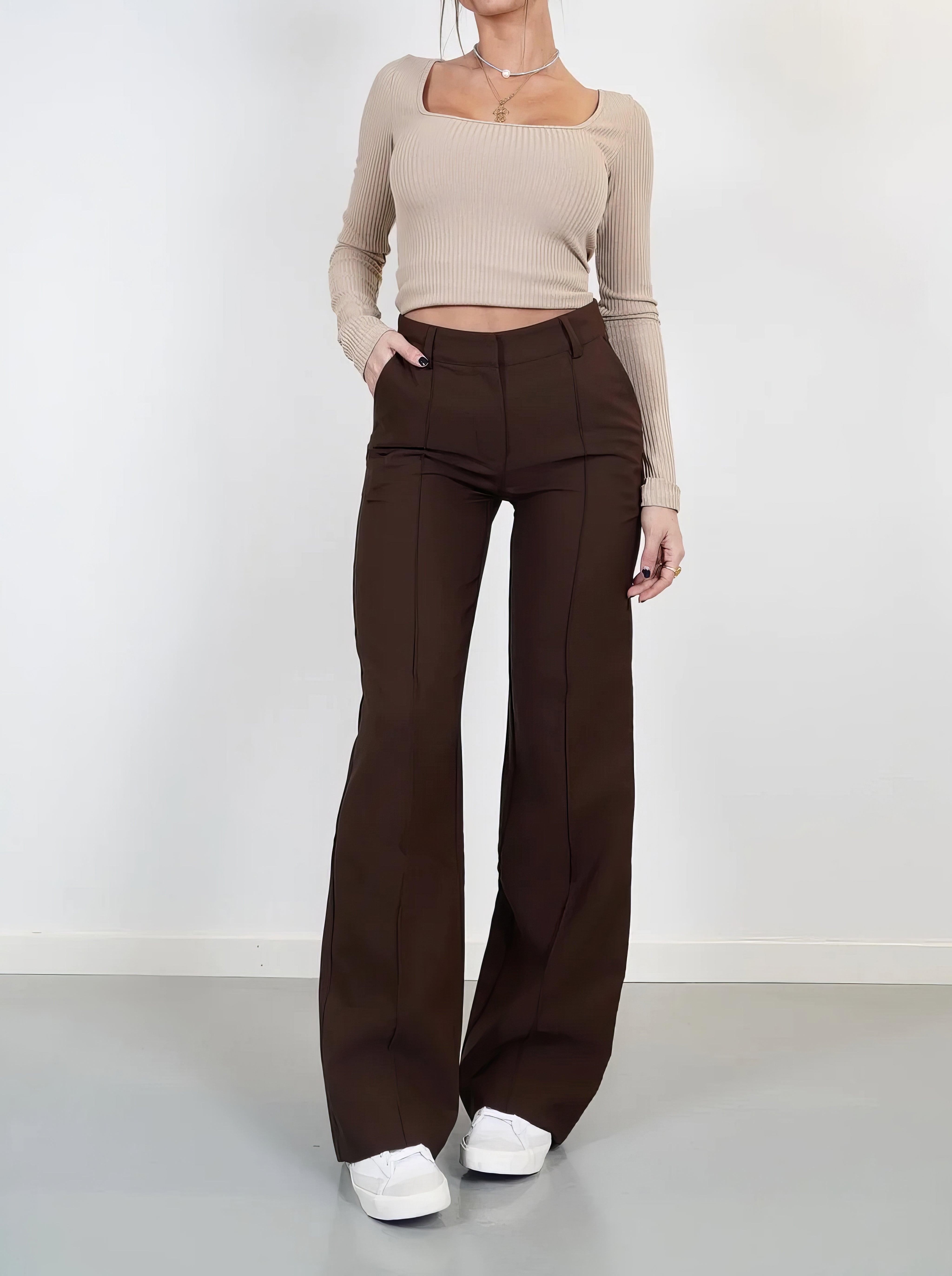 Wijde broeken | Uitlopend | Naad aan de voorkant | Broek met hoge taille | Damesbroeken-Boutique Moda