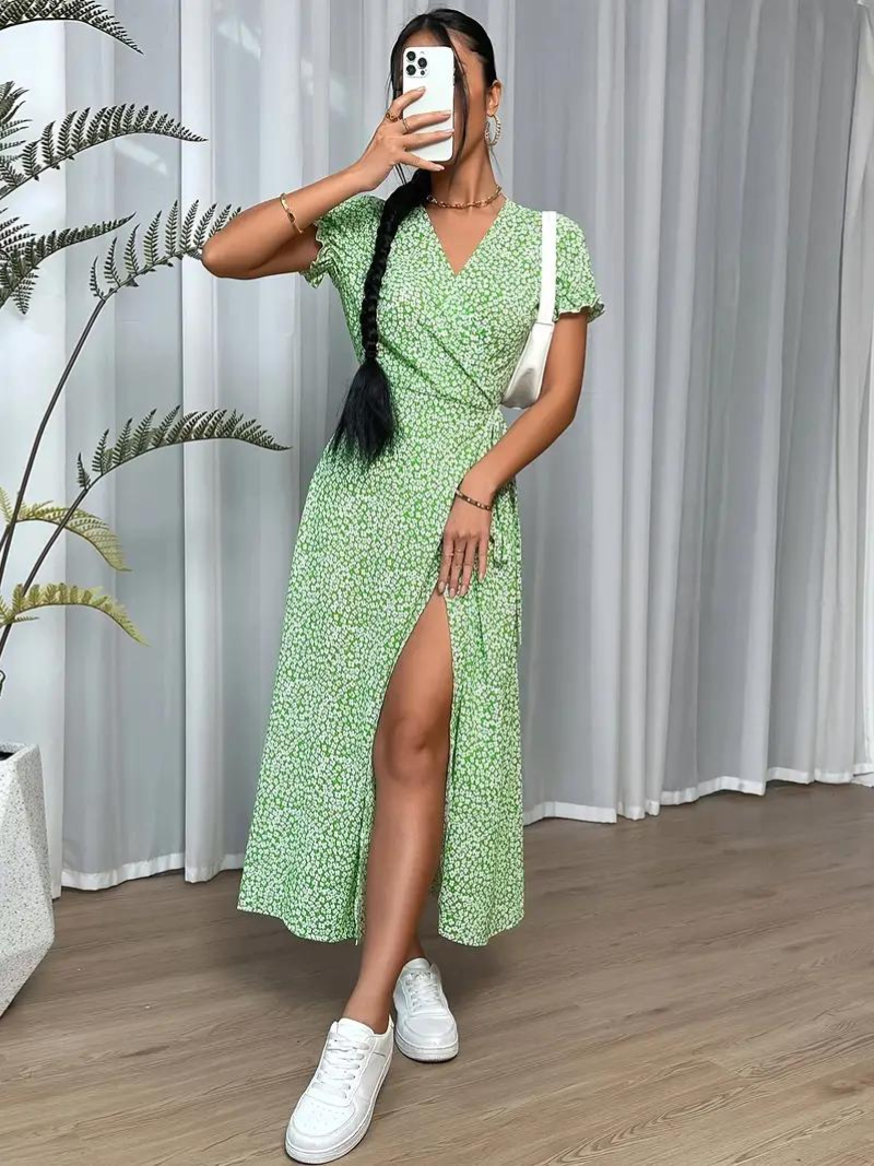 Wikkeljurk - Korte Mouw - Split - Lange Jurk - Zomerjurk-Boutique Moda