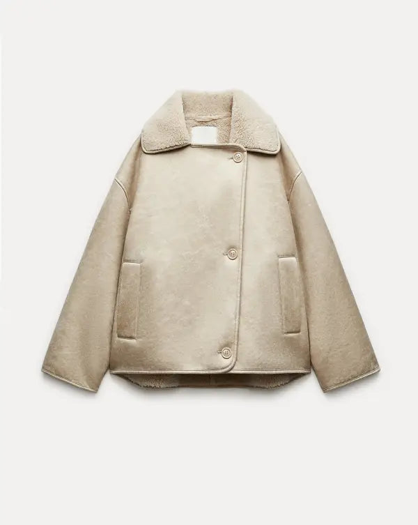 Winter Leren Jas | Teddy Gevoerd | Oversized | Fleece Leren Jas | Vrouwen Leren Jas-Boutique Moda