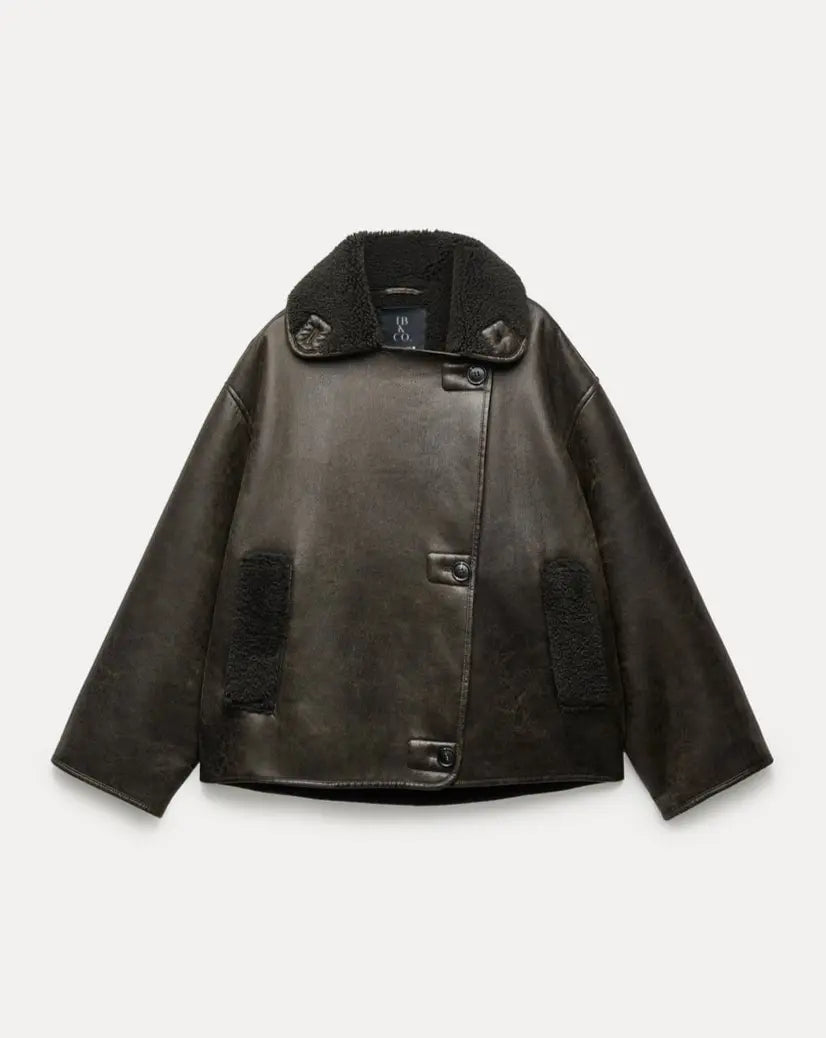 Winter Leren Jas | Teddy Gevoerd | Oversized | Fleece Leren Jas | Vrouwen Leren Jas-Boutique Moda