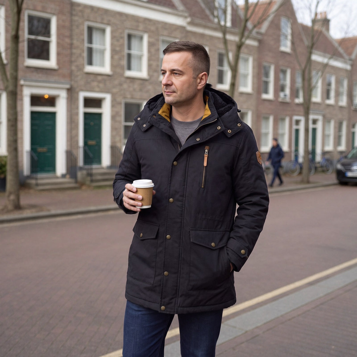 Man draagt zwarte winterjas met capuchon en fleecevoering in een straat in Haarlem | Boutique Moda