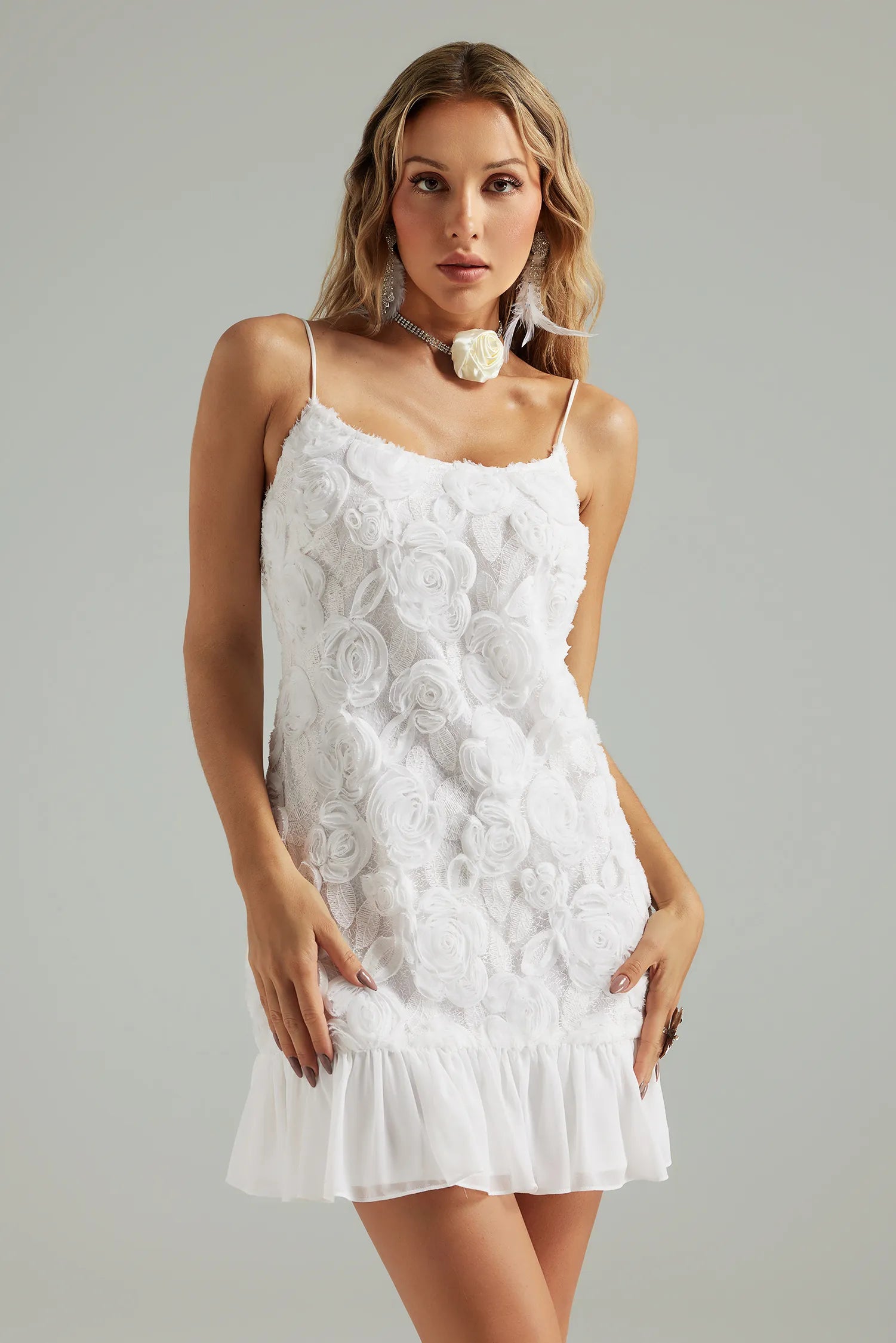 Witte mini-jurk - 3D-bloemenprint, mouwloze zomerjurk voor dames-Boutique Moda