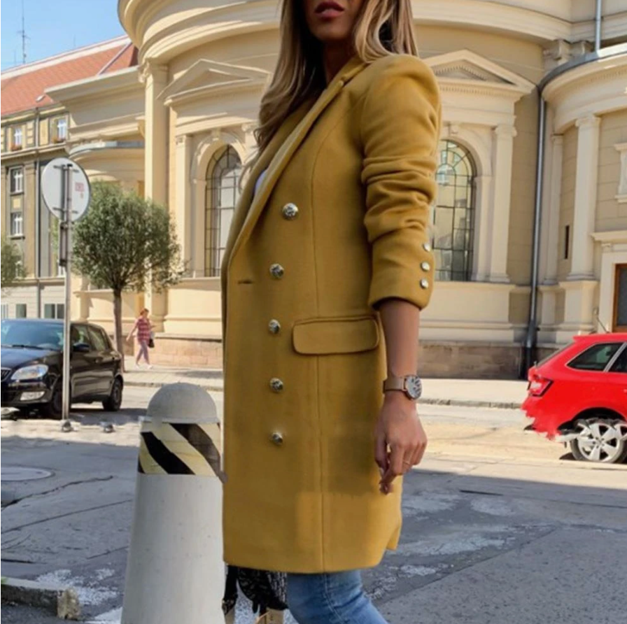 Wollen Trenchcoat - Wollen Damesjas met Dubbele Borst en Halflang Model-Boutique Moda