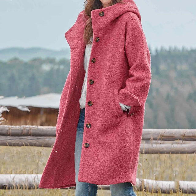 Wollen mantel - Dames winterjas van wol met één borst en capuchon-Boutique Moda