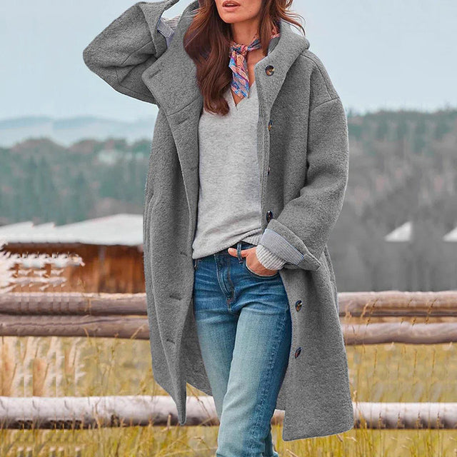 Wollen mantel - Dames winterjas van wol met één borst en capuchon-Boutique Moda