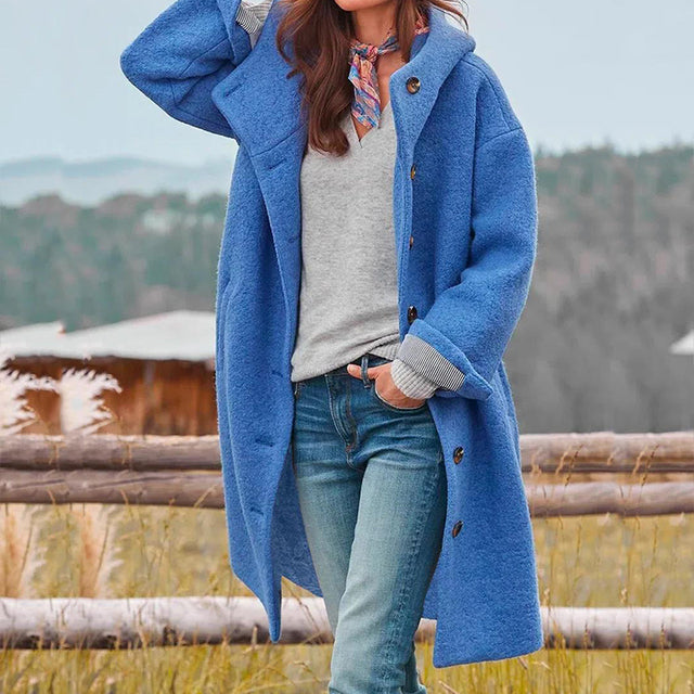 Wollen mantel - Dames winterjas van wol met één borst en capuchon-Boutique Moda