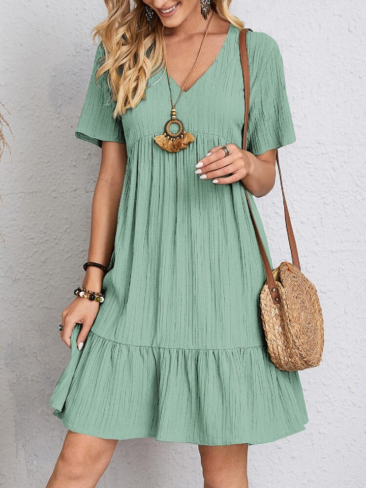 Zomerjurk | V-hals | Korte Mouw | A-lijn Jurk | Knielange Jurk-Boutique Moda