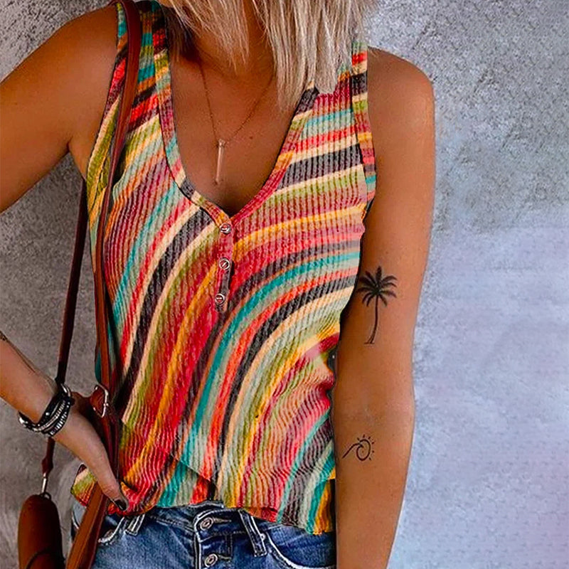 Zomertop - Gestreepte mouwloze top met V-hals en ribboord voor dames-Boutique Moda