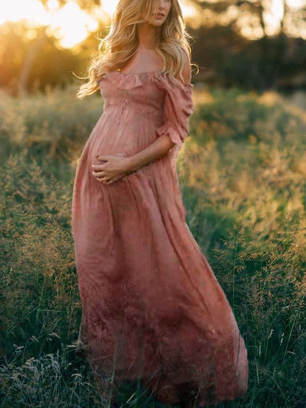 Zwangerschapsjurk Dames | Oudroze Off-Shoulder Maxi-jurk met Pofmouwen-Boutique Moda