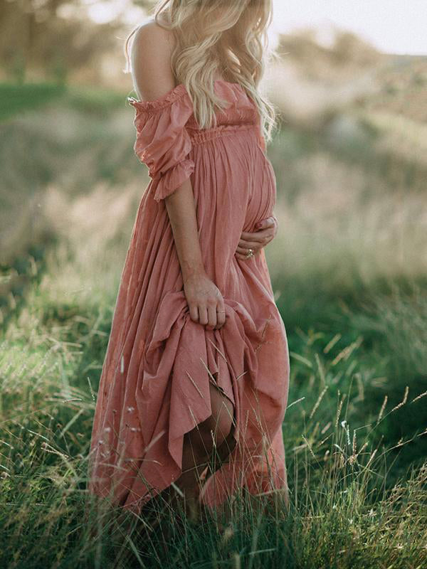 Zwangerschapsjurk Dames | Oudroze Off-Shoulder Maxi-jurk met Pofmouwen-Boutique Moda