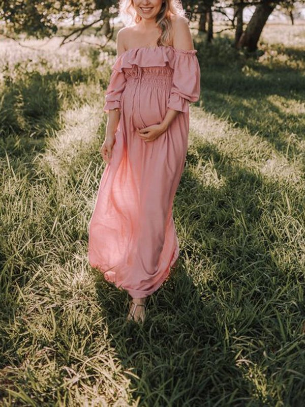 Zwangerschapsjurk Dames | Oudroze Off-Shoulder Maxi-jurk met Pofmouwen-Boutique Moda