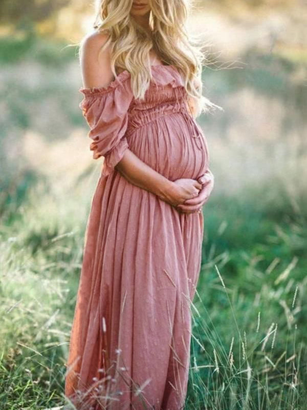 Zwangerschapsjurk Dames | Oudroze Off-Shoulder Maxi-jurk met Pofmouwen-Boutique Moda