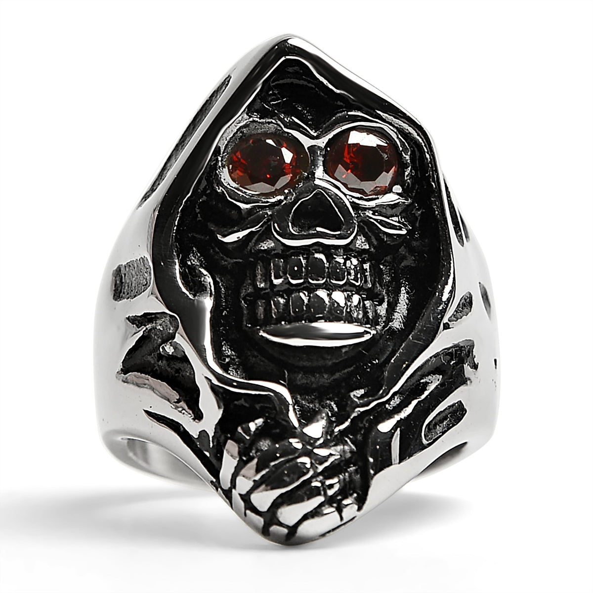Zilverkleurige ring met doodskop, capuchon en rode ogen, vrijstaand getoond | Boutique Moda