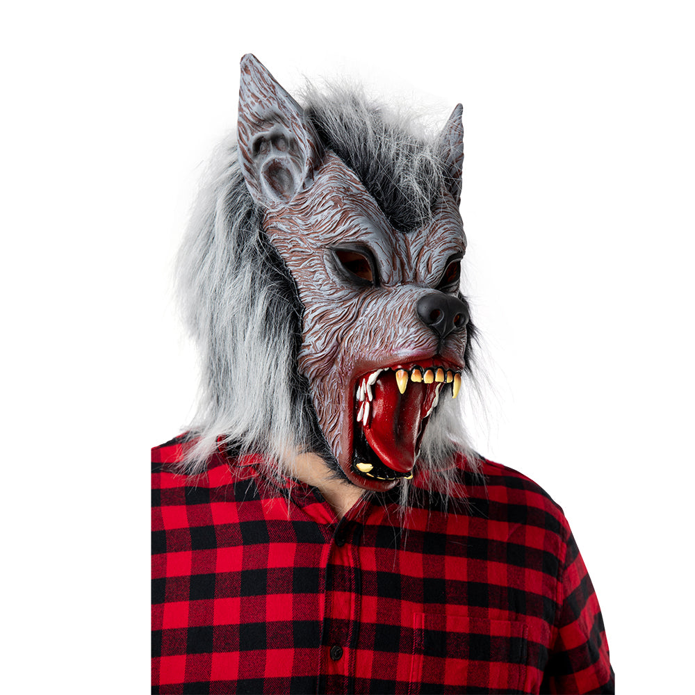 Grijs Weerwolf Masker | Latex | Imitatiebont | Open Bek | Volledig Hoofd