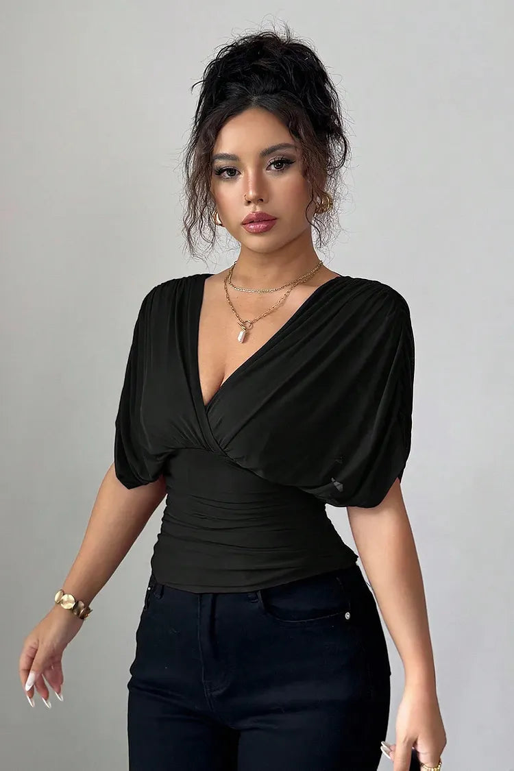 Elegante V-hals top met drape mouwen Zwart