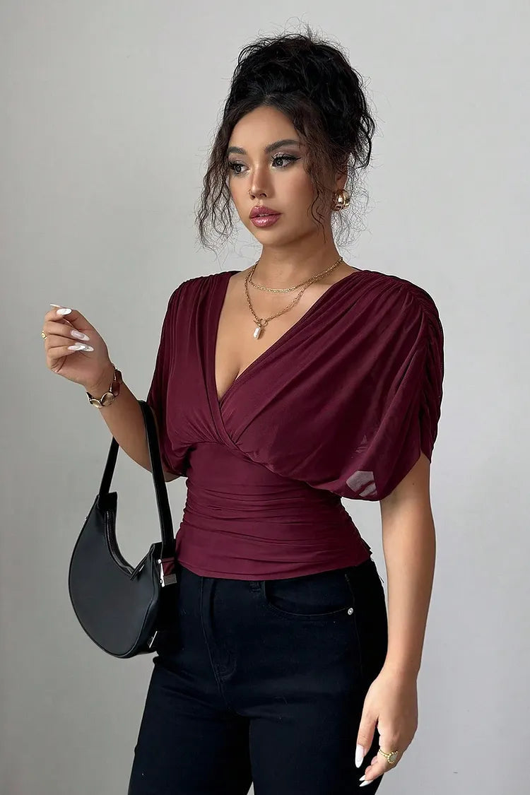 Elegante V-hals top met drape mouwen Burgundy