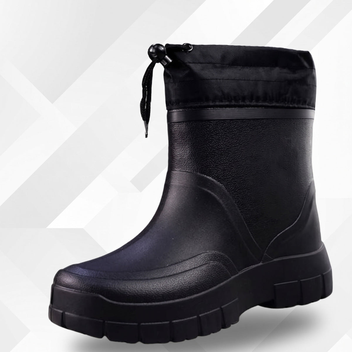 Zwarte regenlaars met trekkoord, korte schacht, geribbelde zool, losstaand getoond | Boutique Moda
