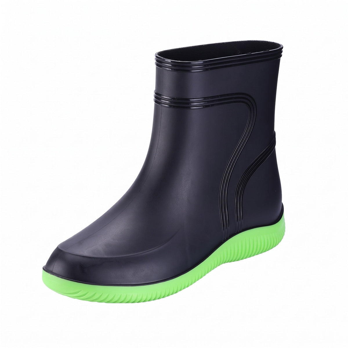 Zwarte korte regenlaars met groene zool, vrijstaand productbeeld | Boutique Moda